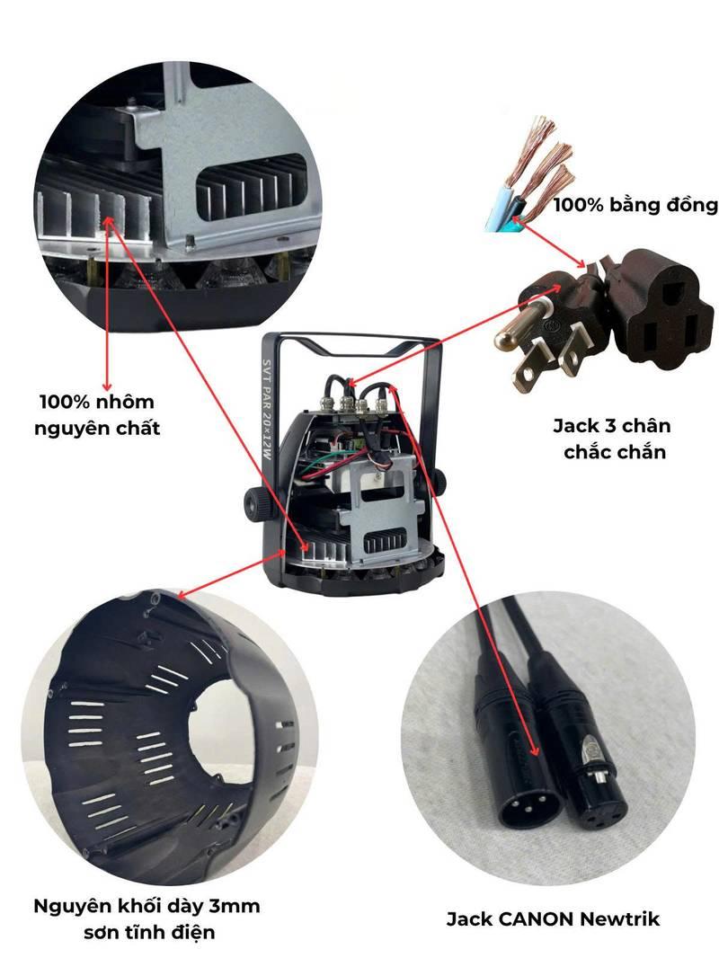 Ảnh chi tiết cấu tạo đèn sân khấu cho thuê đèn sự kiện gồm par led và moving beam giá rẻ với linh kiện cao cấp.
