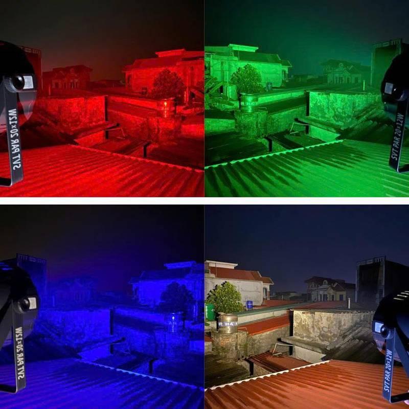 Cho thuê đèn sự kiện với đèn sân khấu par led và moving beam giá rẻ thể hiện ánh sáng màu sắc đỏ, xanh lá, xanh dương và trắng.