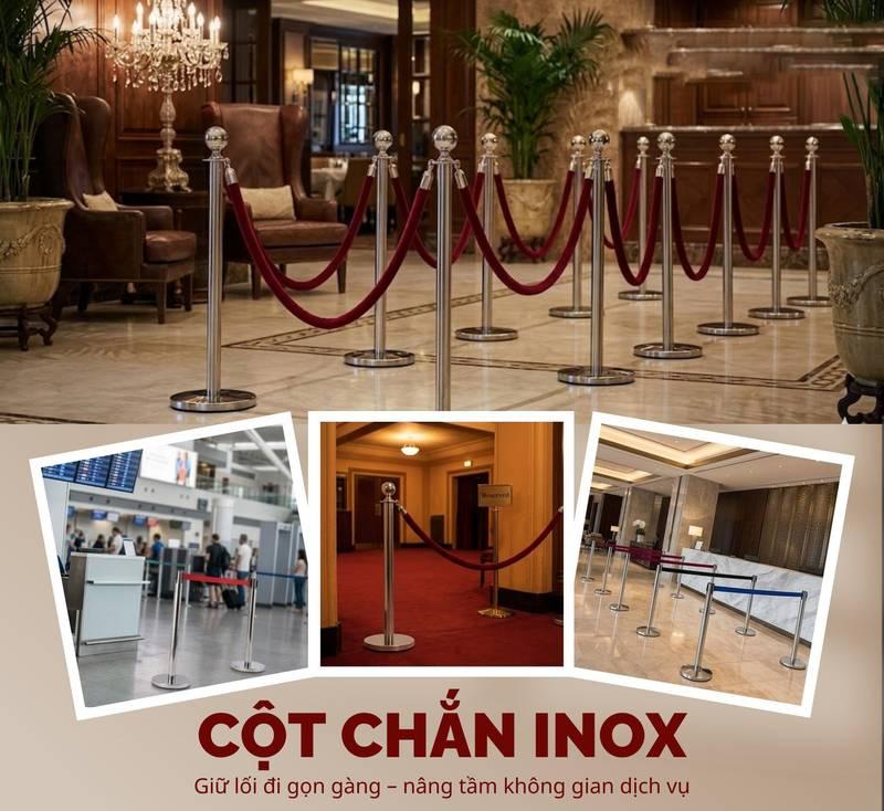 Cho thuê trụ barrier inox dây nhung giá rẻ HCM dùng để phân làn và tổ chức hàng đợi.