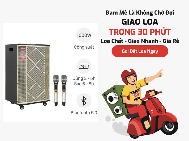 Loa kẹo kéo công suất 1000W kèm 2 micro, hỗ trợ Bluetooth 5.0 và pin dùng 3-5 giờ với dịch vụ cho thuê loa kẹo kéo giao nhanh trong 30 phút.