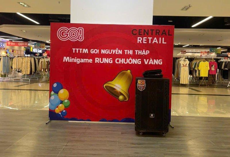 Loa kẹo kéo phục vụ sự kiện Minigame Rung Chuông Vàng tại TTTM GO! Nguyễn Thị Thập, thể hiện dịch vụ cho thuê loa kẹo kéo chuyên nghiệp.