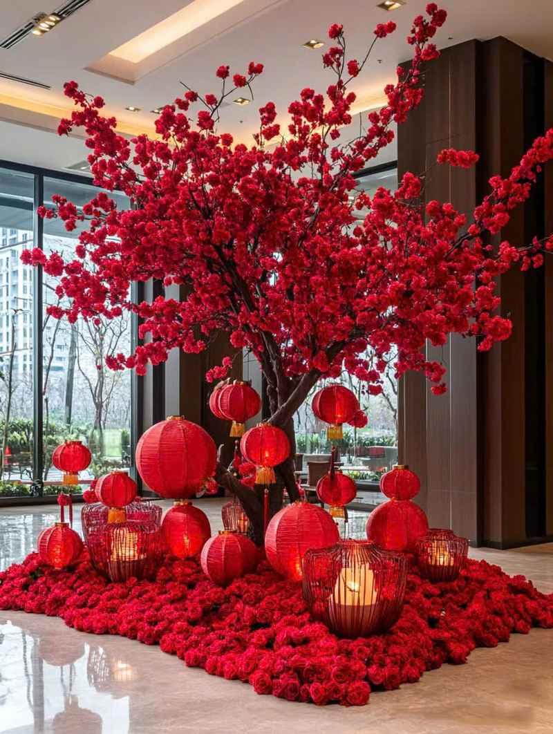 Dịch vụ trang trí Tết với tiểu cảnh cây hoa đào đỏ và lồng đèn đỏ sang trọng.