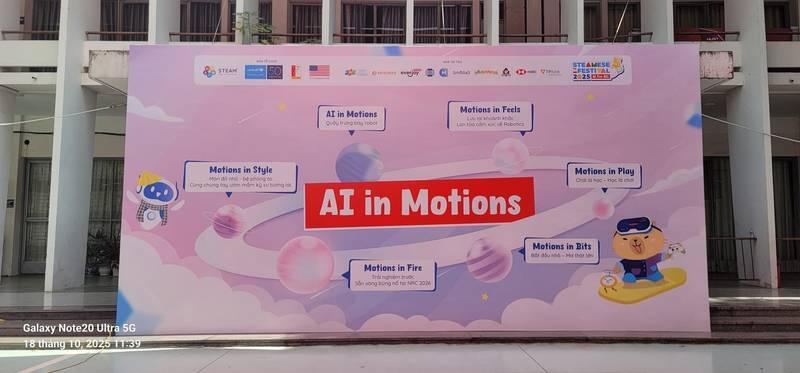 Thi công backdrop sự kiện trọn gói chủ đề AI in Motions giao nhanh trong 1 ngày.