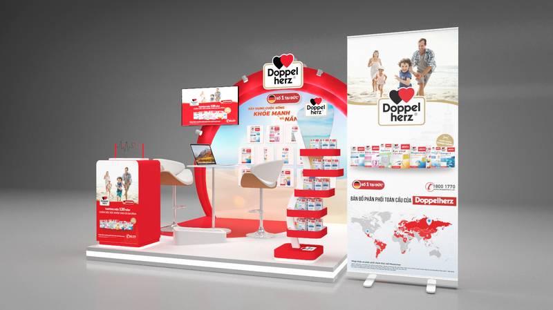 Gian hàng trưng bày sản phẩm Doppelherz được thiết kế chuyên nghiệp trong dịch vụ tổ chức activation trọn gói của agency activation uy tín.