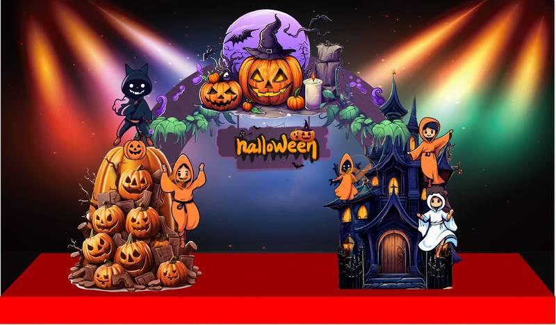 Ảnh trang trí Halloween với bí ngô và lâu đài ma quái, phù hợp tổ chức sự kiện Halloween trọn gói HCM.