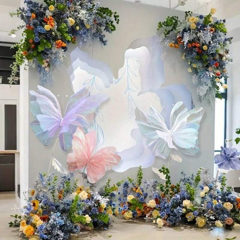 Tiểu cảnh trang trí ngày phụ nữ công ty với backdrop 8/3 và 20/10 hoa và bướm tại văn phòng.